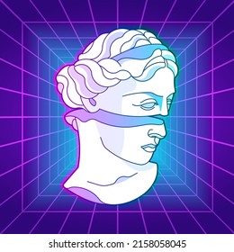 Vaporwave trippy psychedelic antique statue. Futuristic Cyberpunk surreal collage with modern greek statue. 3D room with laser grid.Synthwave 90s style.