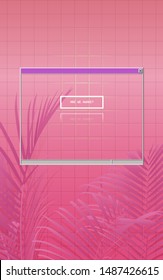 vaporwave tropical palm leaves on pastel neon pink tile wall with OS style frame, warm synthwave nostalgic feelings