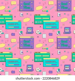 Vaporwave UI and UX elements seamless pattern. PC retro game frame. Nostalgic style 70s, 80s, 90s.