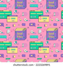 Vaporwave UI and UX elements seamless pattern. PC retro game frame. Nostalgic style 70s, 80s, 90s.
