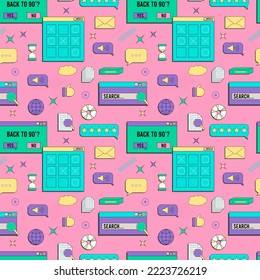 Vaporwave UI and UX elements seamless pattern. PC retro game frame. Nostalgic style 70s, 80s, 90s.