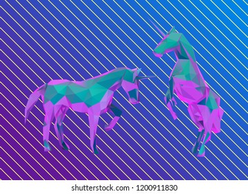 Vaporwave Unicorn Isolated Vector Illustration Set 3D Low Poly Rendering