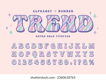 Vaporwave vintage 80s, 90s bold alphabet font and number. Nostalgic typographic. Groovy retro psychedelic typeface for poster, graphic print, design layout, merchandise, etc.