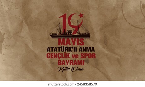 Bandırma vapuru vektör. 19 mayıs atatürk ü anma gençlik ve spor bayramı. translation: 19 may. Happy Commemoration of Atatürk, Youth and Sports Day