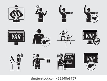 Tecnología VAR con árbitros diseño de estilo icono plano con video asistente de juez de árbitro mientras juegan un partido de fútbol como fuera, verificación de pantalla, referencia de tarjeta roja y amarilla.