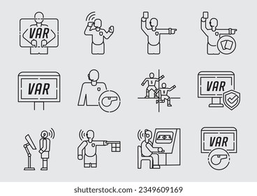 Tecnología VAR con el diseño del conjunto de iconos de los árbitros con el asistente de vídeo juez de árbitros mientras juegan un partido de fútbol como fuera, verificación de pantalla, referencia de tarjeta roja y amarilla.