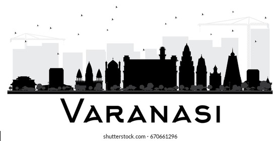 Varanasi City skyline black and white silhouette. Vector illustration. Simple flat concept for tourism presentation, banner, placard or web site. Cityscape with landmarks.