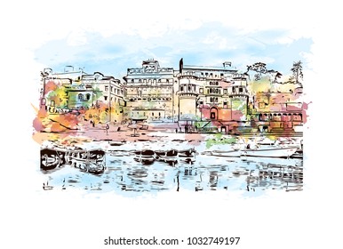 Varanasi City in Uttar Pradesh, India. Watercolor splash with Hand drawn sketch illustration in vector.