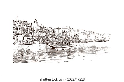 Varanasi City in Uttar Pradesh, India. Hand drawn sketch illustration in vector.
