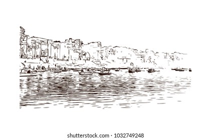 Varanasi City in Uttar Pradesh, India. Hand drawn sketch illustration in vector.
