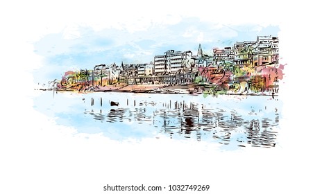 Varanasi City in Uttar Pradesh, India. Watercolor splash with Hand drawn sketch illustration in vector.