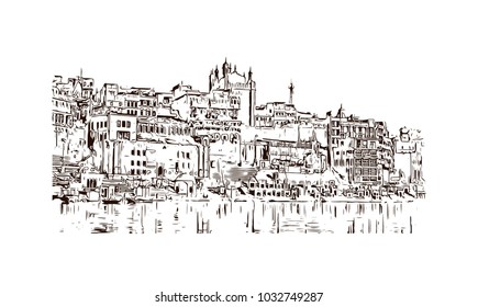Varanasi City in Uttar Pradesh, India. Hand drawn sketch illustration in vector.