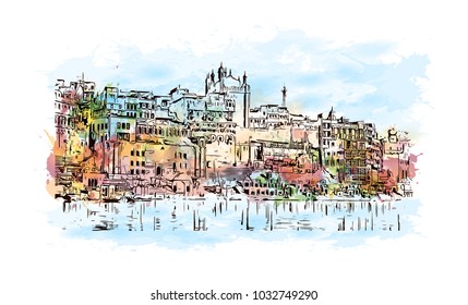 Varanasi City in Uttar Pradesh, India. Watercolor splash with Hand drawn sketch illustration in vector.