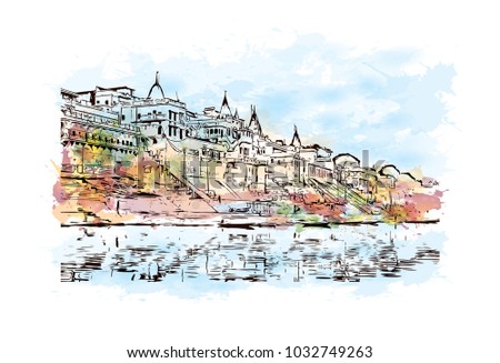 Varanasi City in Uttar Pradesh, India. Watercolor splash with Hand drawn sketch illustration in vector.