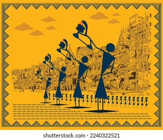 Varanasi Ganga Aarti en pintura warli. Arte warli, ilustración, dibujo, pintura, arte mural. 