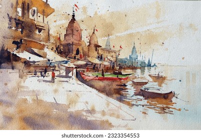 Varanasi Ghat, Watercolor Painting, India