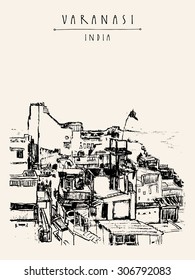 Varanasi, India. Above view of a sacred Hindu place. Ancient holy city. Houses, roofs, flag. Grungy freehand drawing. Travel postcard, poster or coloring book page with Varanasi, India hand lettering