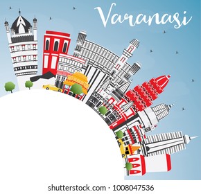 Varanasi India City Skyline with Color Buildings, Blue Sky and Copy Space. Vector Illustration. Business Travel and Tourism Concept with Historic Architecture. Varanasi Cityscape with Landmarks.