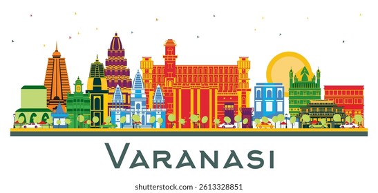 Varanasi India City Skyline with Color Buildings isolated on white. Vector Illustration. Business Travel and Tourism Concept with Historic Architecture. Varanasi Cityscape with Landmarks.