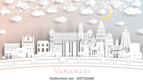 Varanasi India City Skyline in Paper Cut Style with White Buildings, Moon and Neon Garland. Vector Illustration. Travel and Tourism Concept. Varanasi Cityscape with Landmarks.