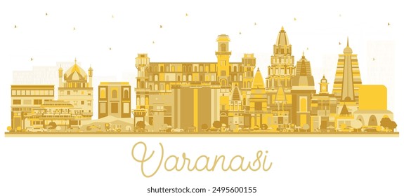 Varanasi India City Skyline silhouette with golden Buildings Isolated on White. Vector Illustration. Business Travel and Tourism Concept with Historic Architecture. Varanasi Cityscape with Landmarks.