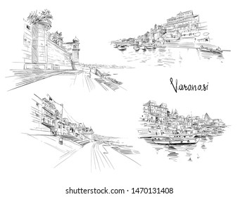 Varanasi. India. Hand drawn vector illustration. 