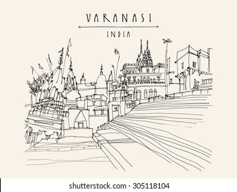 Varanasi, India. Old Hindu religion temples with flags. Holy place for Indian people.  Ghat stairs. City skyline. Vector freehand drawing. Vintage travel poster postcard template