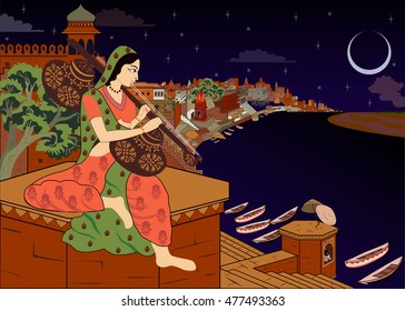 Varanasi night woman sitar playing on the ghats Benares Kashi