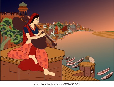 Varanasi sunrise woman sitar playing on the ghats Benares Kashi dashashwamedh