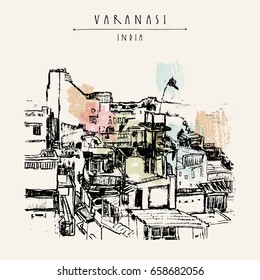 Varanasi, Uttar Pradesh, India. Hand drawn architectural cityscape. Vintage artistic postcard template. Vector illustration