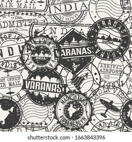 Varanasi, Uttar Pradesh, India Stamps Background. A City Stamp Vector Art. Set of Postal Passport Travel. Design Set Pattern.