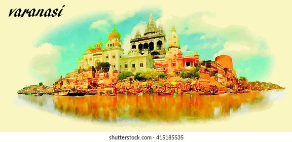 VARANASI vector panoramic water color illustration