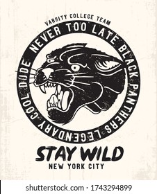 Varcity Collage Team Black Panther Legendary Typography Graphics. T-shirt Printing Design for sportswear apparel. Original wear. Concept in vintage graphic style for print production Poster.