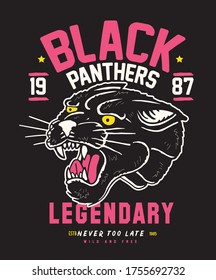 Varcity Collage Team Black Panther Legendary Typography Graphics. T-shirt Printing Design for sportswear apparel. Original wear. Concept in vintage graphic style for print production Poster.