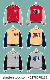 Varcity jacket icons set flat vector in front and back