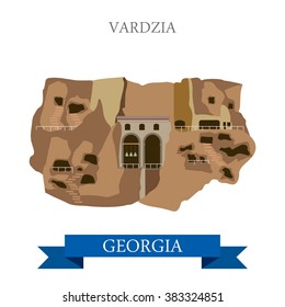 Vardzia cave monastery in Georgia. Flat cartoon style historic sight showplace attraction web site vector illustration. World countries cities vacation travel sightseeing Asia collection.