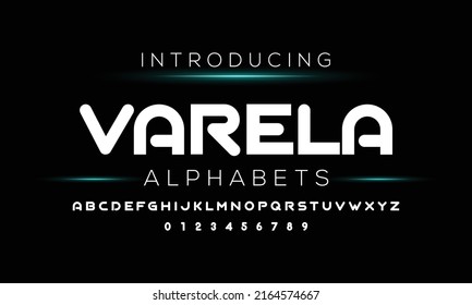 El VARELA Luxury Minimal Modern Tech Alphabet Fonts. Typografía de estilo mínimo conjunto de tipos de letra para el logotipo, Afiche. ilustración de tipo vector san sans serif.