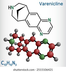 Varenicline molecule, a medication used for smoking cessation. Structural chemical formula and molecule model. Vector illustration