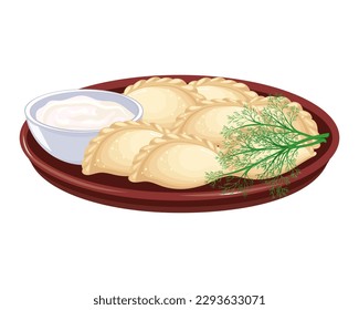 Vareniki with a bowl of sour cream and dill. Ukrainian national cuisine. Food illustration, vector.	