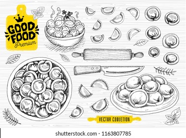 Vareniki. Pelmeni. Meat dumplings. Food. Cooking. National dishes. Products from the dough and meat. Good food premium market, logo design, shop, hand drawn vector collection.