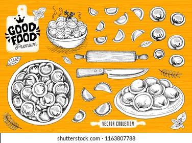 Vareniki. Pelmeni. Meat dumplings. Food. Cooking. National dishes. Products from the dough and meat. Good food premium market, logo design, shop, hand drawn vector collection.