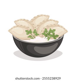 Vareniki with sour cream in a bowl. Food of Russian and Ukrainian cuisine. Illustration