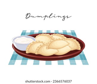 Vareniki with sour cream. Dumplings. Ukrainian national food. Illustration, vector