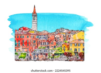 Varenna como lake italy watercolor hand drawn illustration isolated on white background