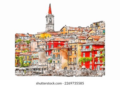 Varenna como lake italy watercolor hand drawn illustration isolated on white background