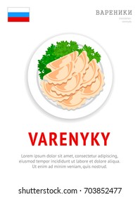 Varenyky. National russian dish. View from above. Vector flat illustration.