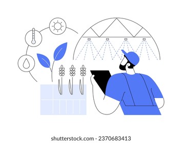 Ilustración vectorial del concepto abstracto de riego a tasa variable. Agricultor con control de la tasa de riego de los portátiles, agroecología, regadío, metáfora abstracta de agricultura sostenible.