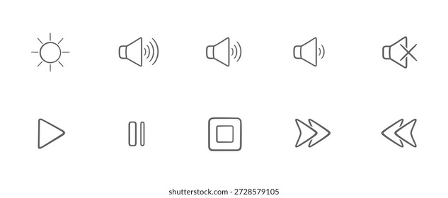 ícones de interface do usuário de contorno de traçado variável para controles de mídia e reprodução de volume de som de brilho