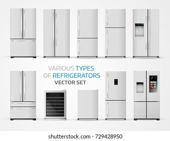 Variable types of refrigerators. Realistic set on white background.