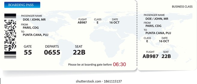 Variant of air ticket boarding pass isolated on white. Template of airline ticket in blue color. Vector illustration